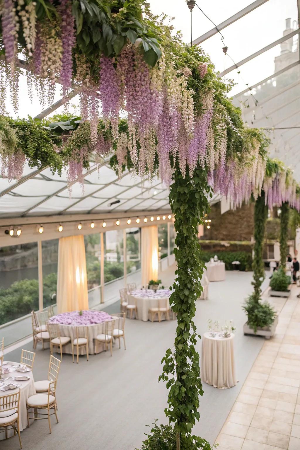 Alluring suspended floral decorations fashion a captivating ambiance