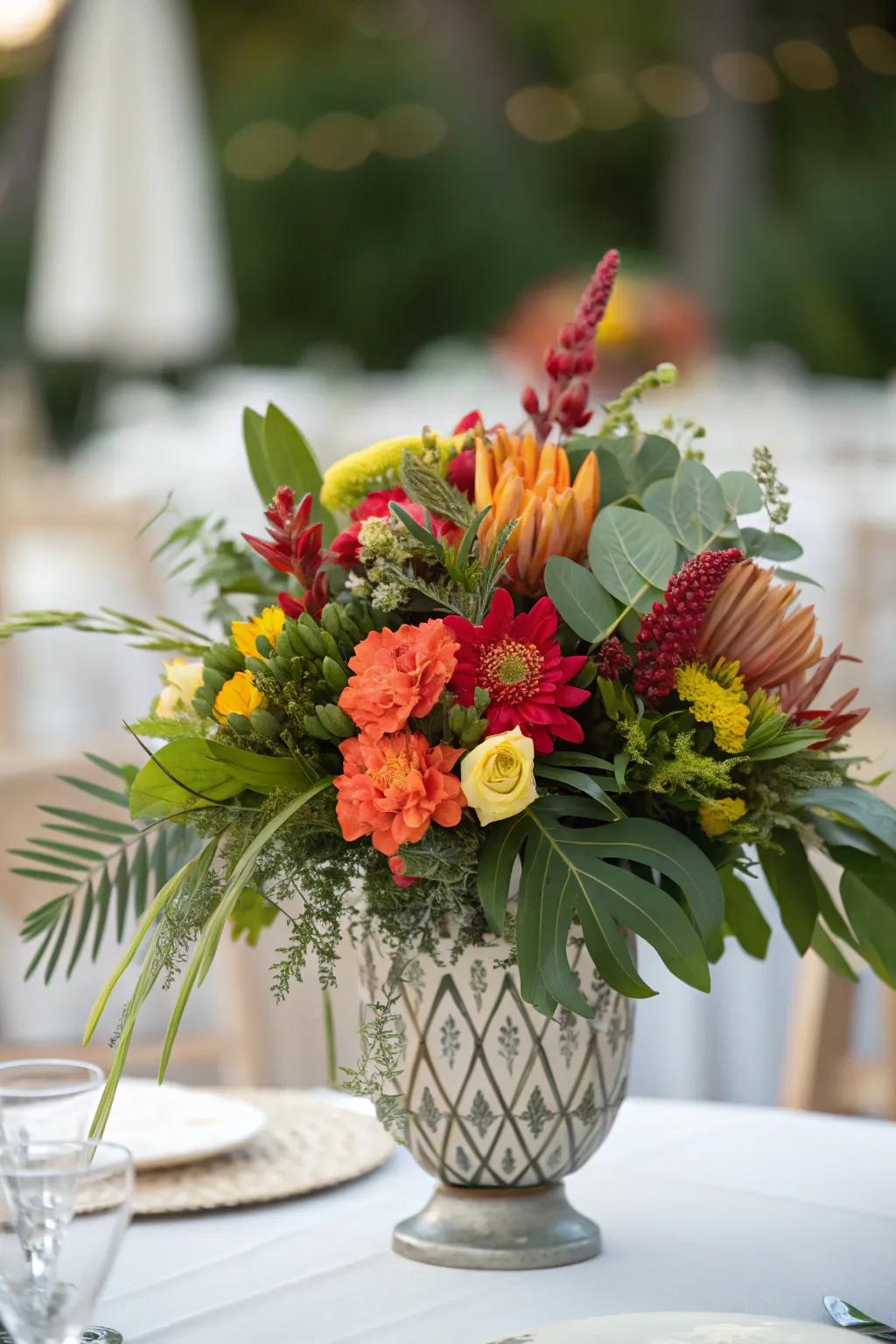 A vibrant table centerpiece showcasing flowers and foliage, perfect for an unforgettable wedding celebration.