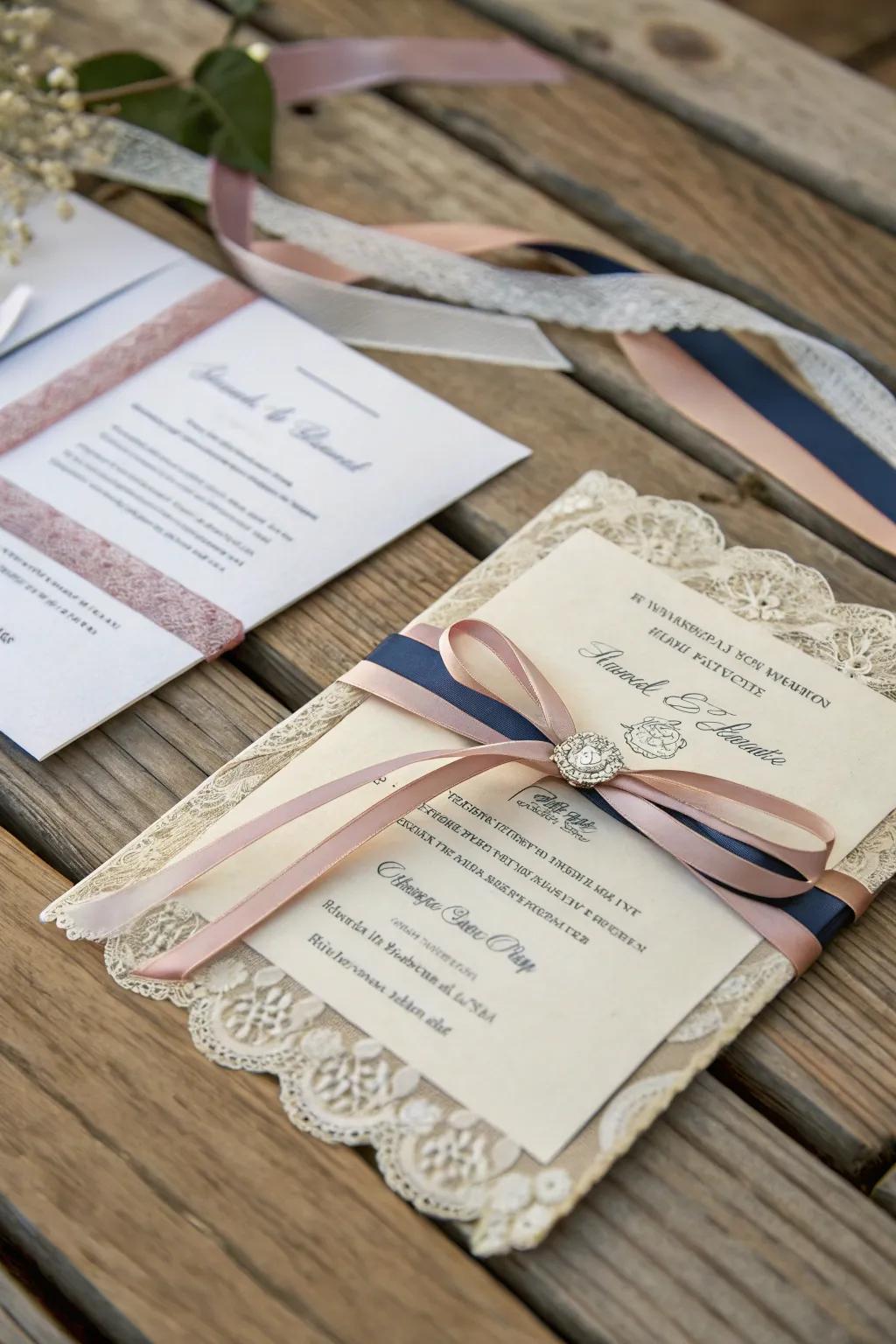 A breathtaking wedding invite adorned with stacked fabric strips.