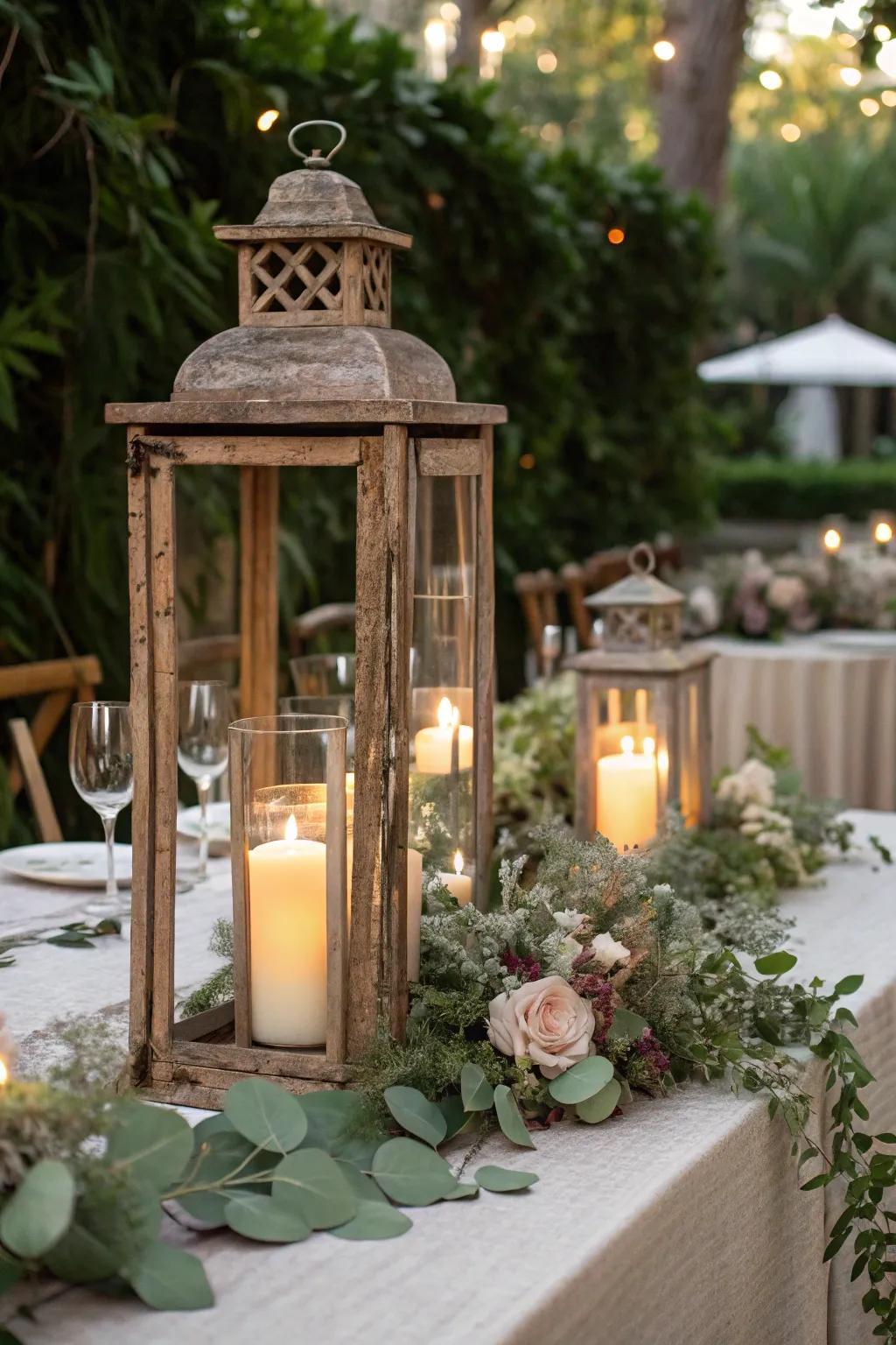 Rustic lanterns contributing a whimsical element to the reception's scenery.