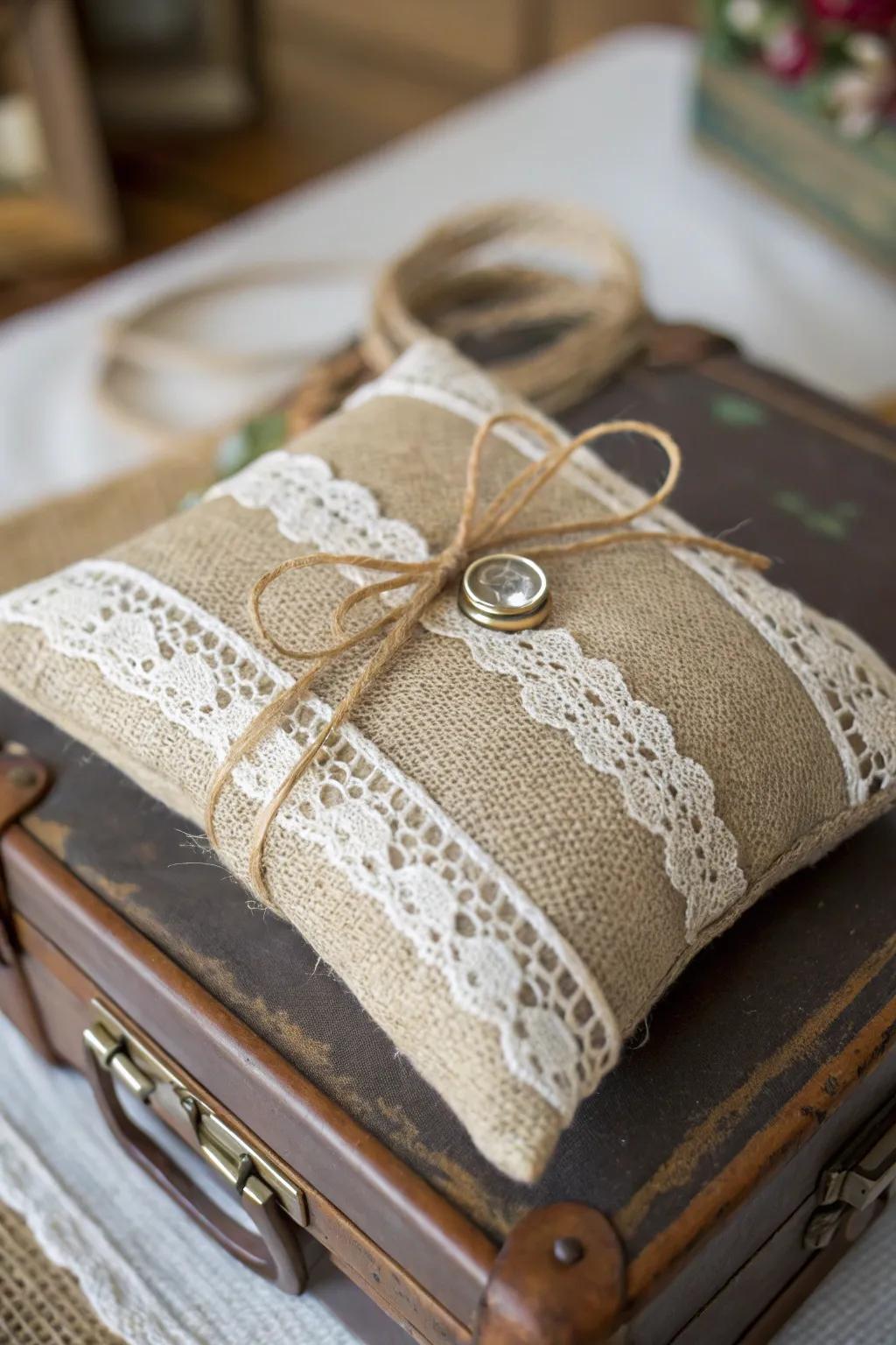 An enchanting burlap and fine lace wedding ring cushion.