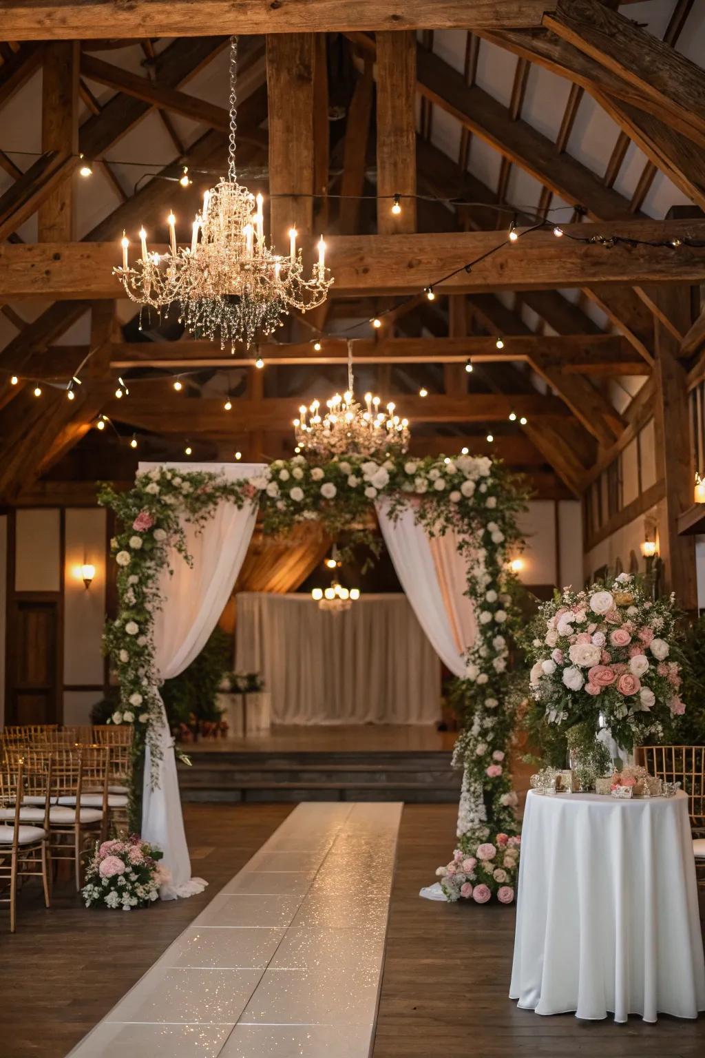 An intimate indoor wedding design radiating rustic appeal.