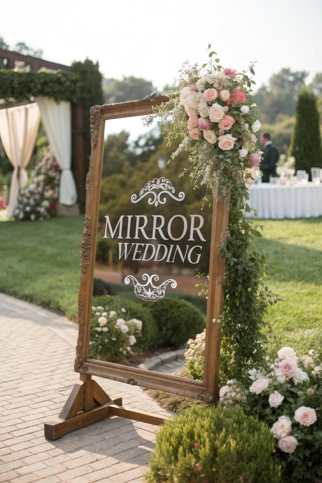 A mirrored sign amplifies the sophistication and reflects the refined aesthetic of your wedding day.