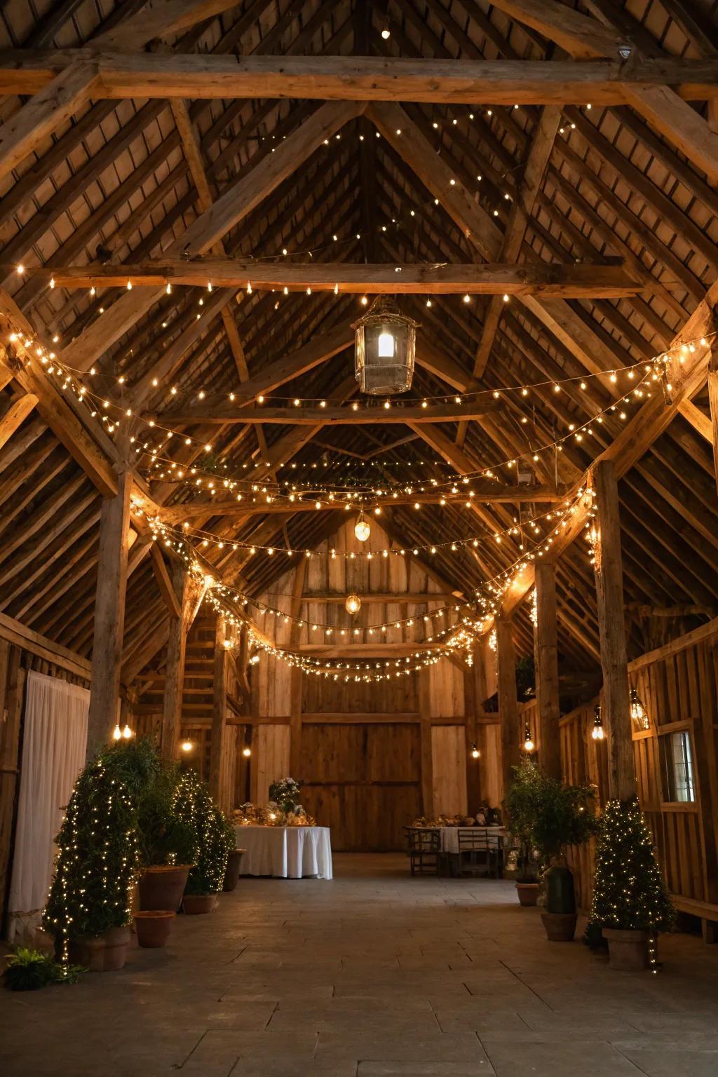 A down-to-earth barn wedding setting, beautifully adorned with timber supports and shimmering pixie lights.
