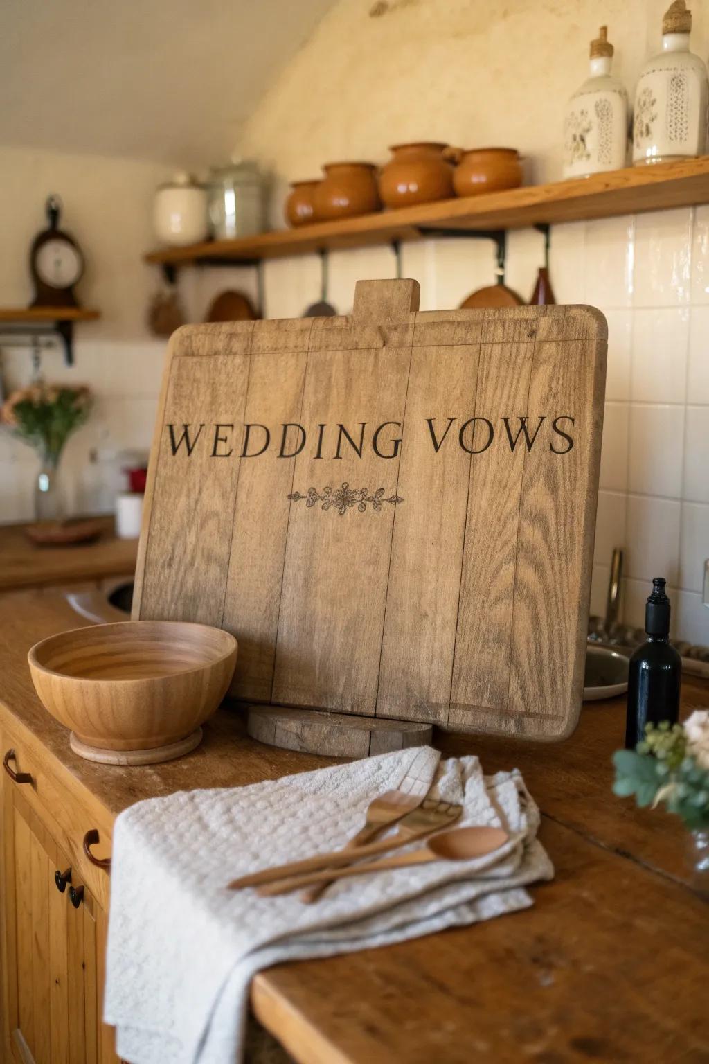 Rustic elegance with engraved wooden vows gracing a welcoming kitchen.