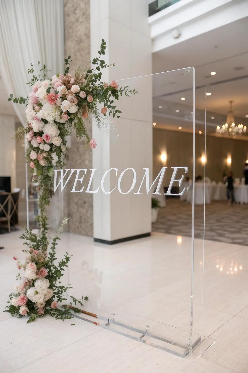 A modern clear welcome board with custom details and botanical embellishments.