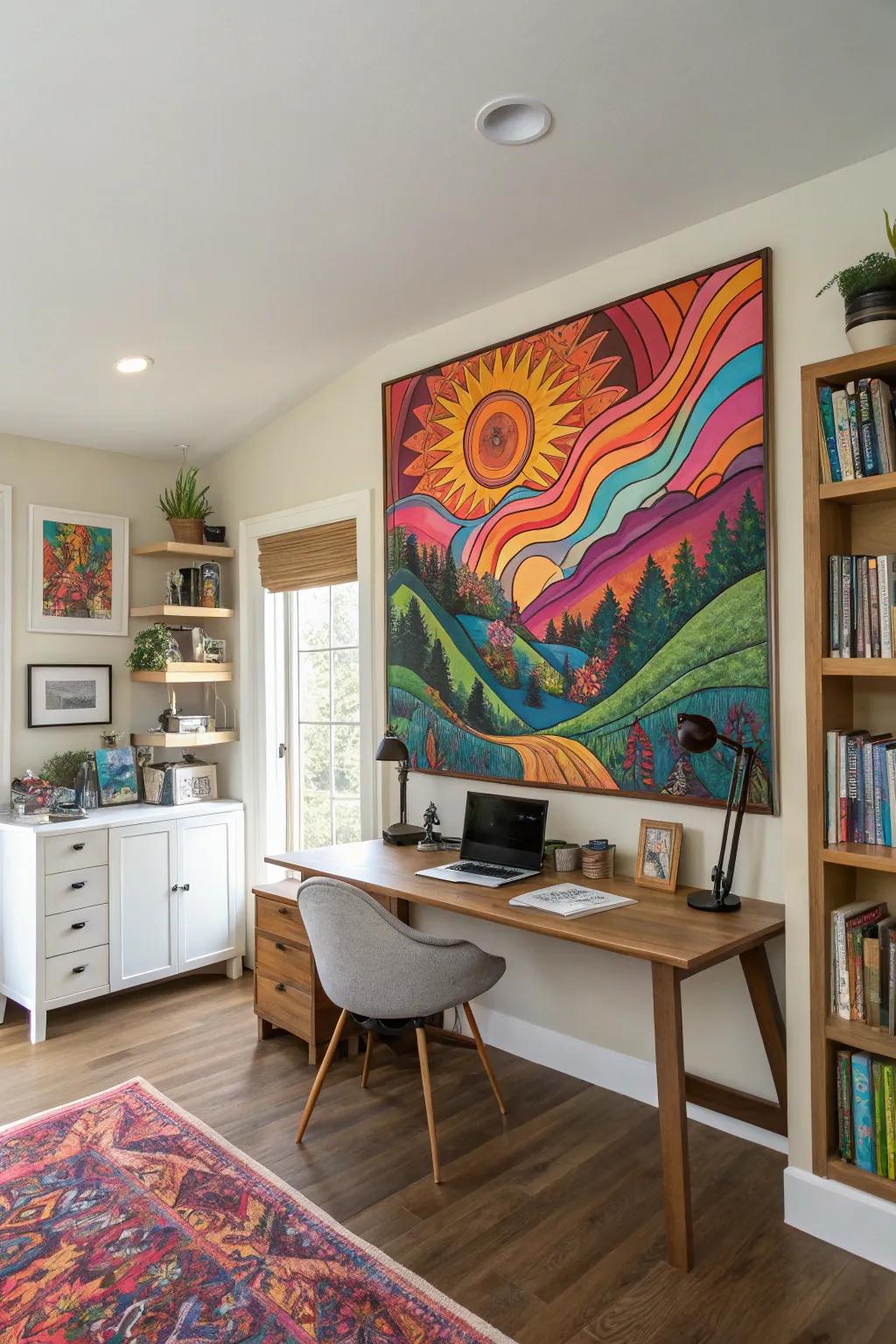 A visionary terrain painting that enlivens a space with its radiant colors.