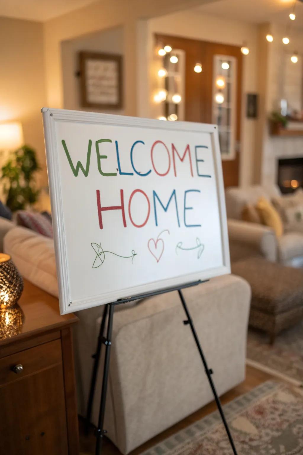 A customized welcome message displayed on a board within a welcoming setting.