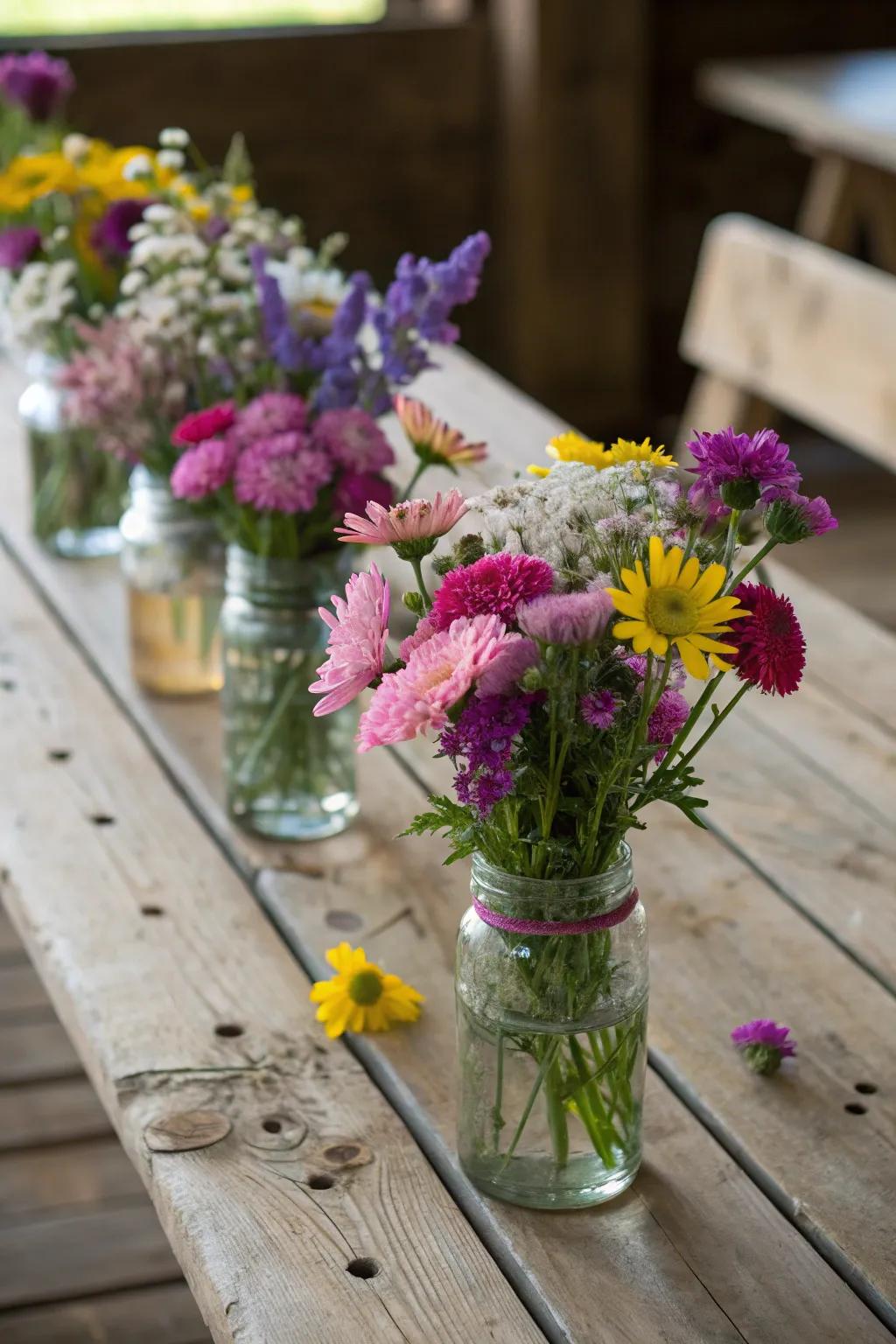 Glass containers brimming with wild blooms fashion a plain yet magnificent centerpiece.