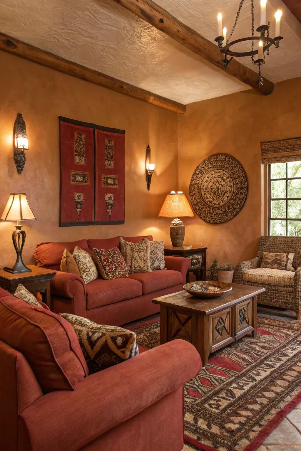 Earthy tones add coziness and warmth to your Western-themed living room.