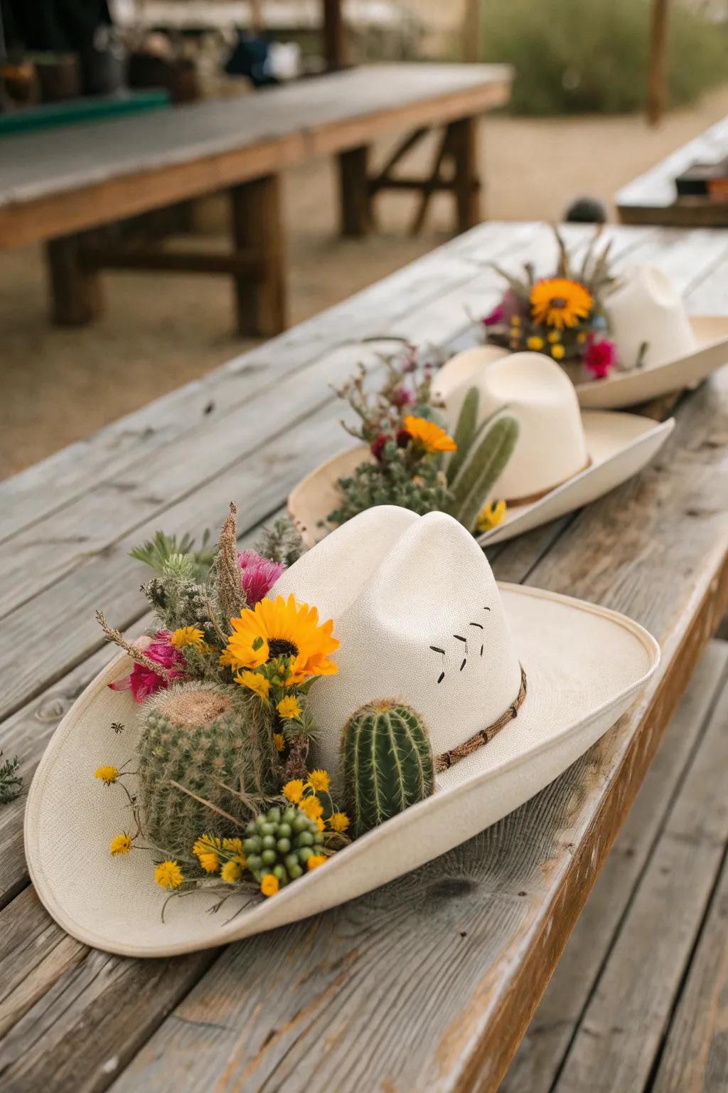 Ten-gallon hats create inventive and memorable centerpieces.