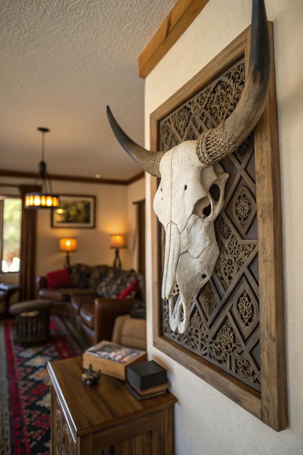 A finely carved cow skull serving as a wall centerpiece.