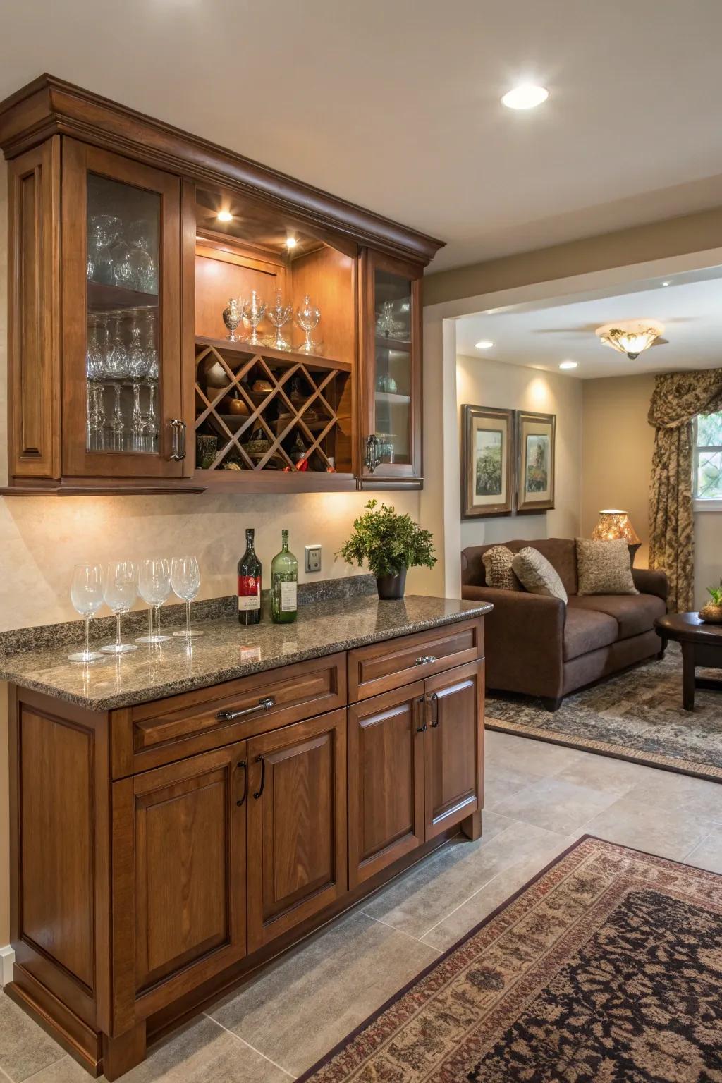 Get the most out of compact areas with a corner wet bar.