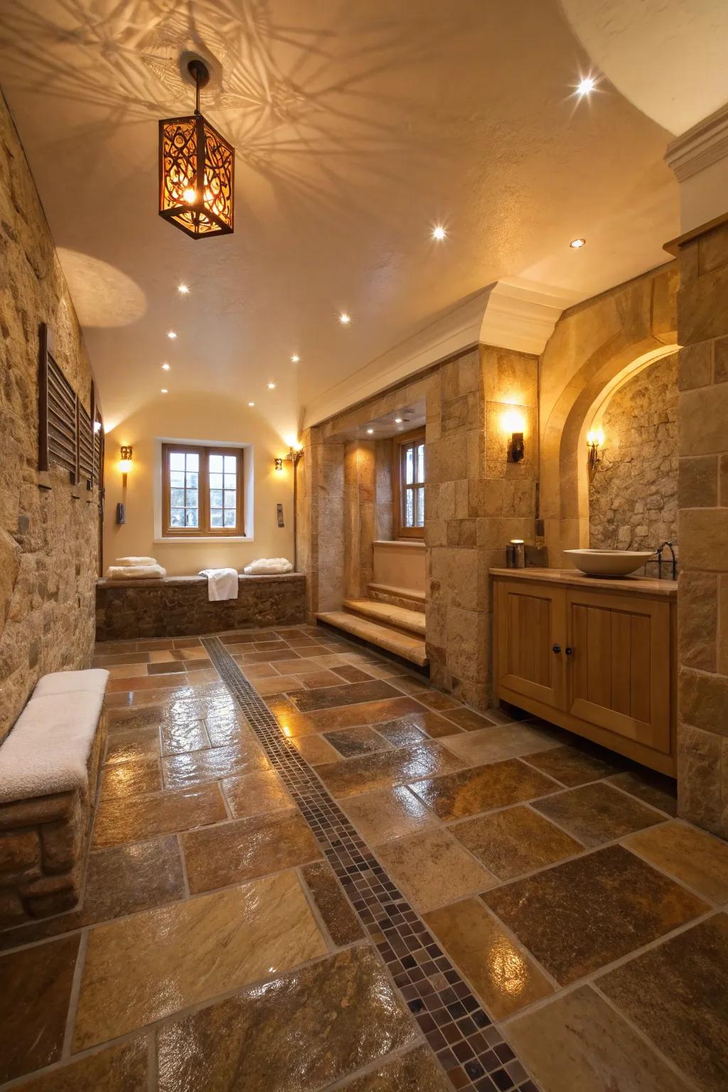 Natural stone flooring introduces ageless charm to any wet room.