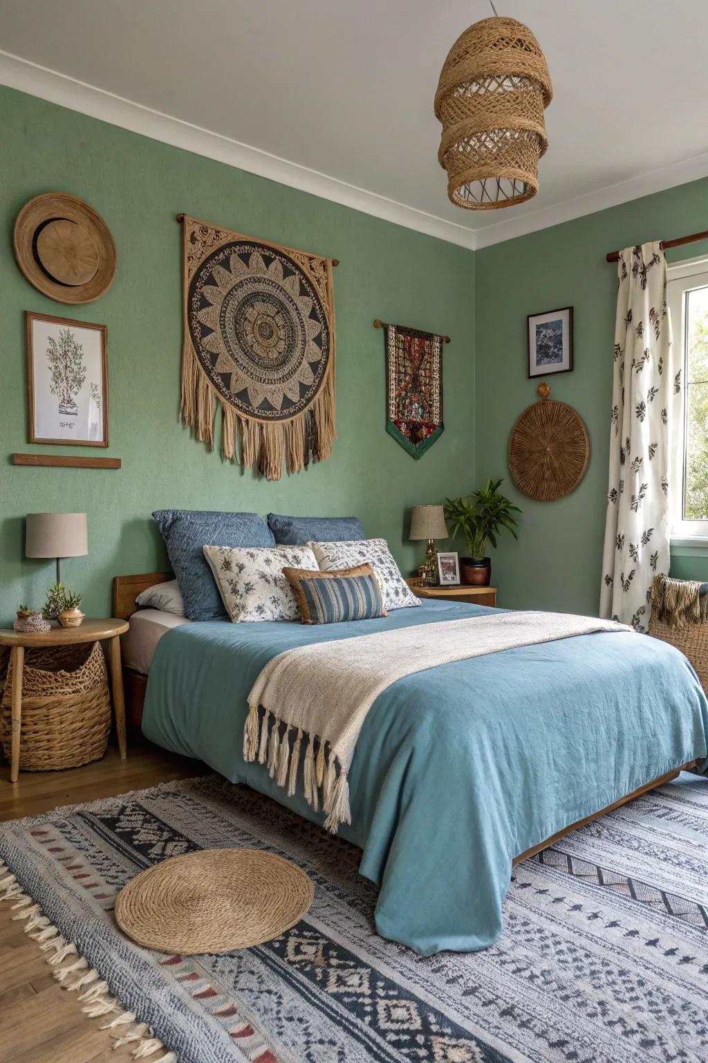 Bedroom showcasing soft green walls complemented by blue highlights.