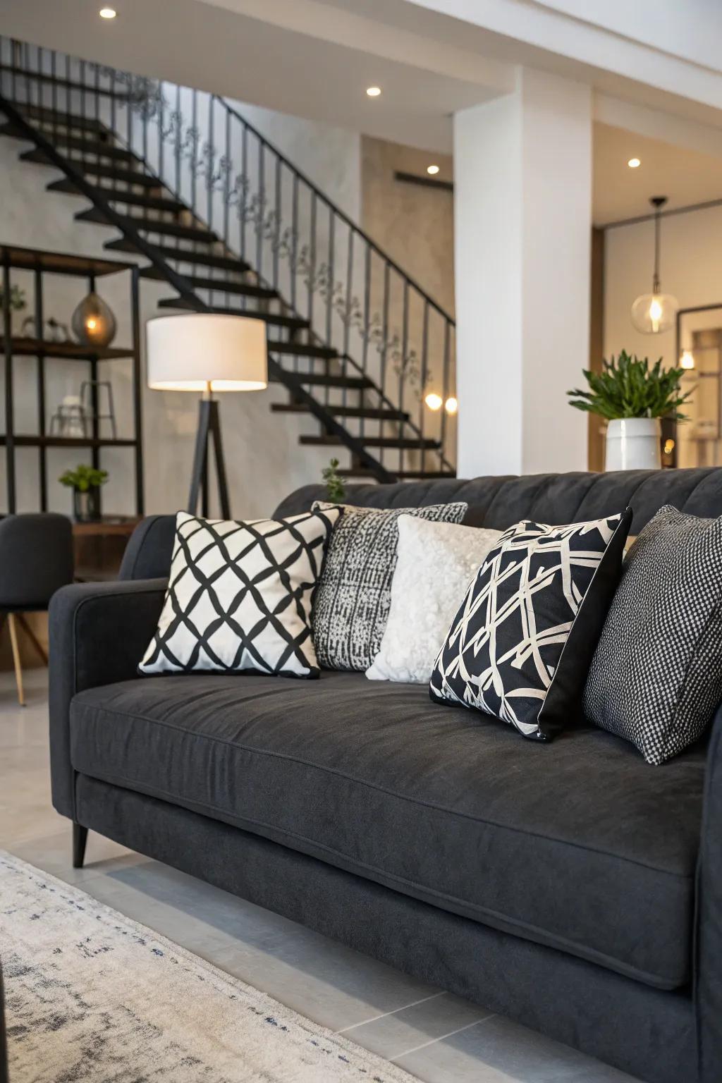 Black and white pillows provide a classic contrast on a dark grey couch.