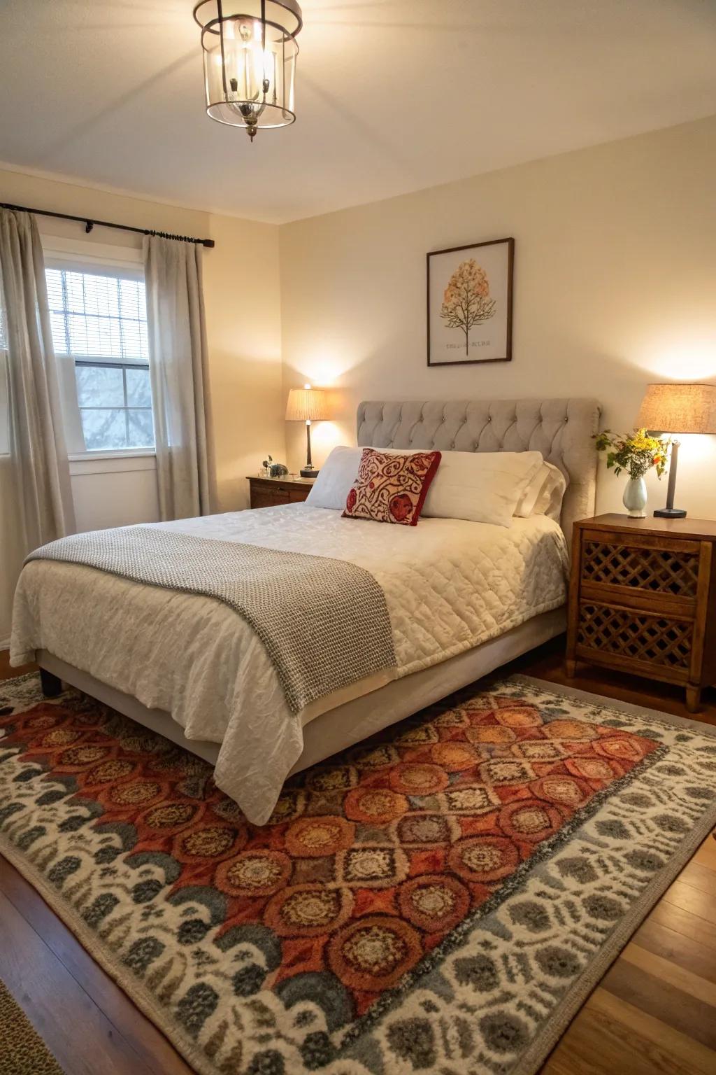 A 5x8 rug offers a comfortable touch to a small bedroom, wonderfully matching the queen bed.