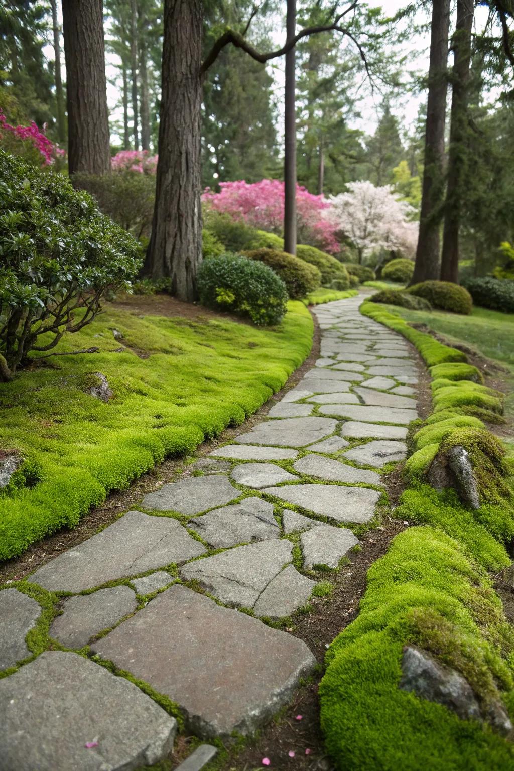 Abundant moss between flagstones adds a delightful splash of verdant softness.