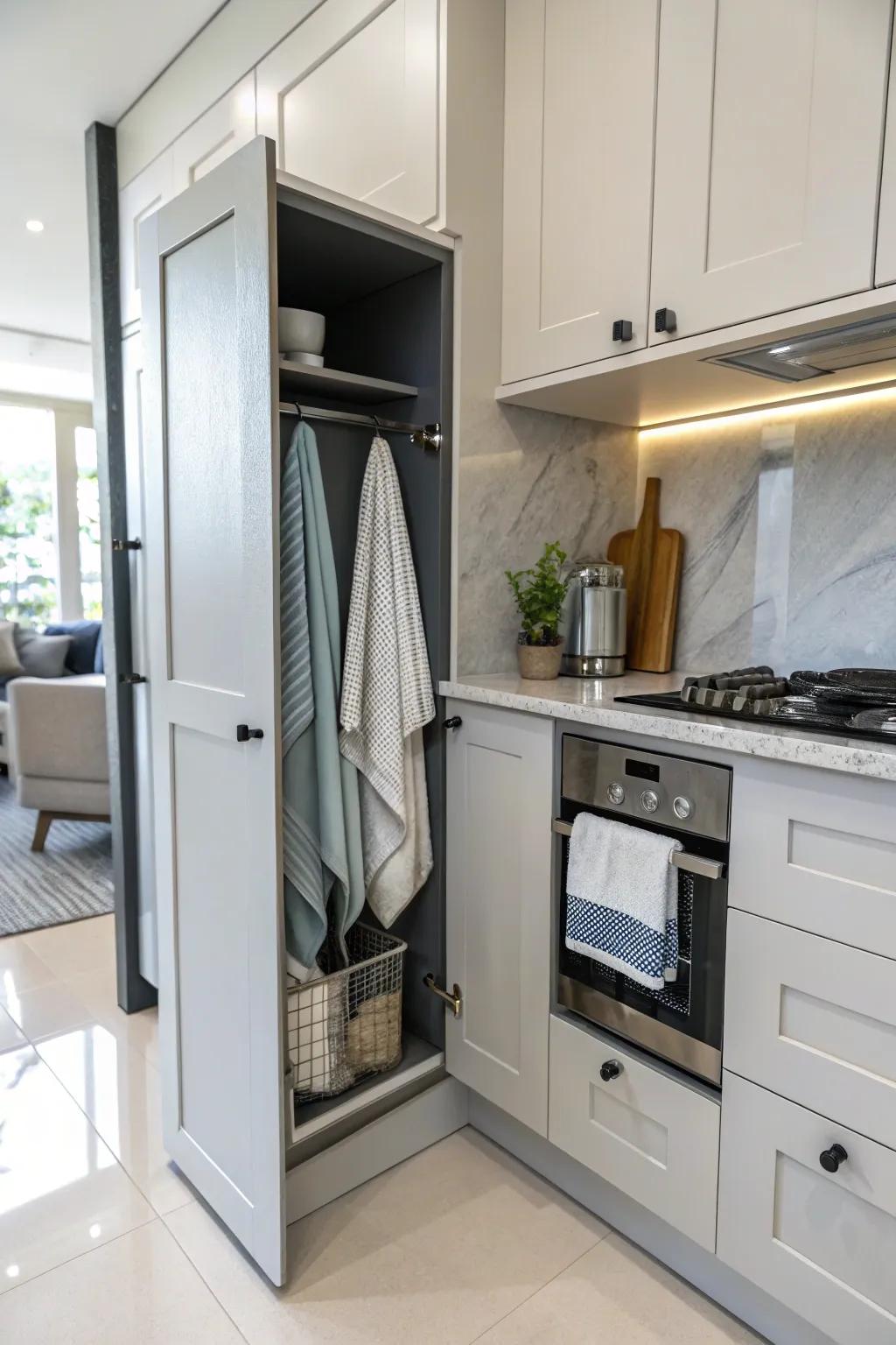 Maintain towels hidden yet reachable by hanging them inside cabinet doors.