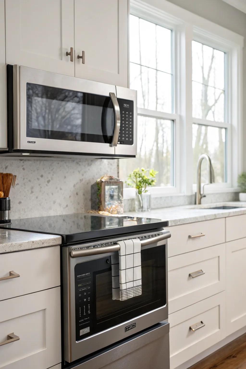 A microwave installed above the range enhances both beauty and function.