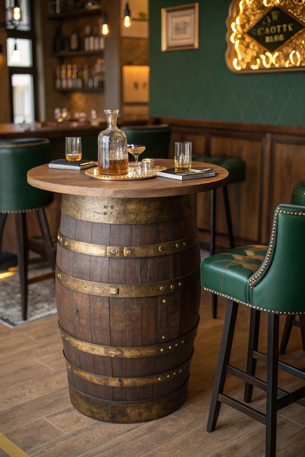 Create a great main point with a distiller's barrel bar table, which is awesome for hosting cozy get-togethers.
