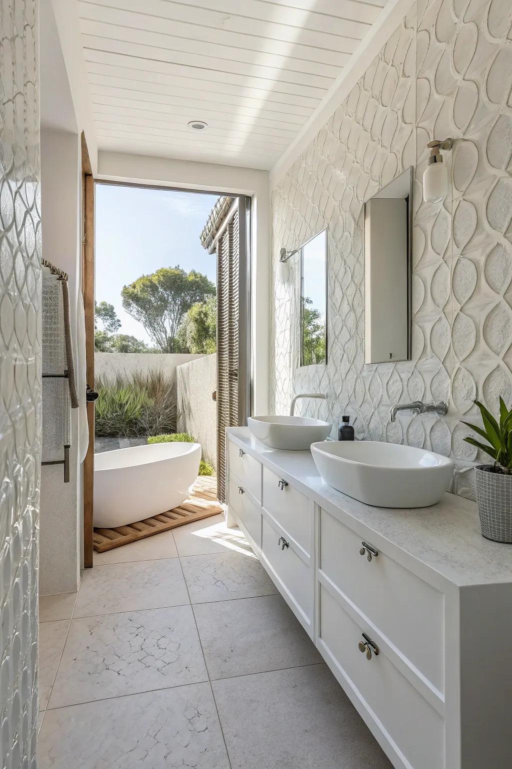 Textured tiles give a gorgeous contrast in this simple white bathroom.
