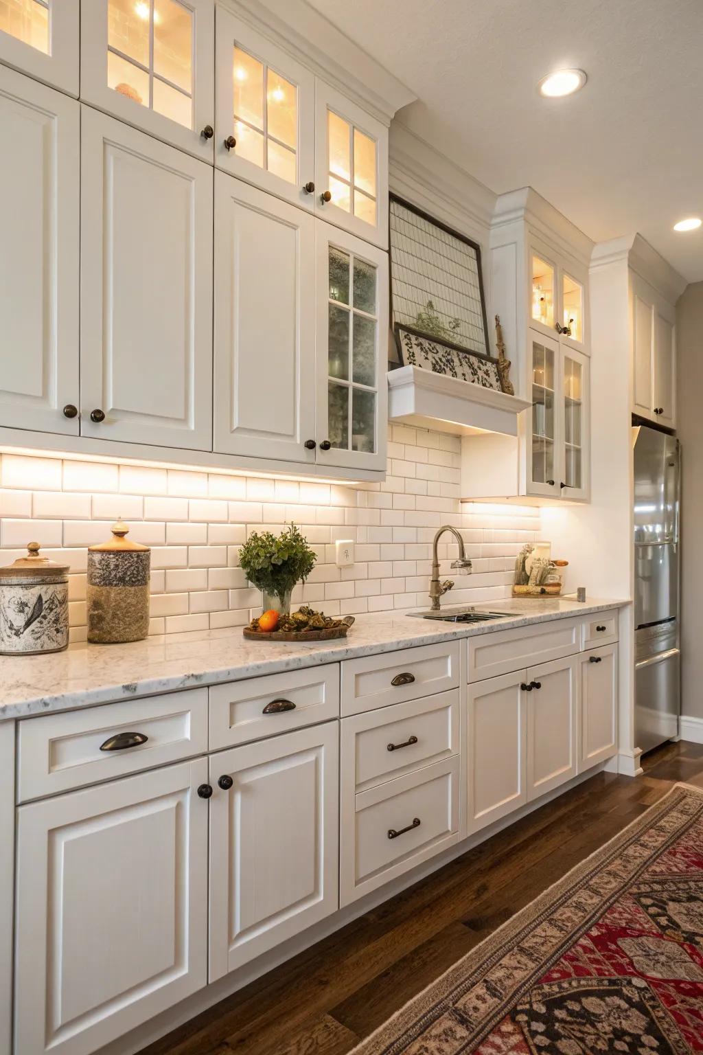 Classic white rectangular tiles perfectly matching the sleek design of white cabinets.