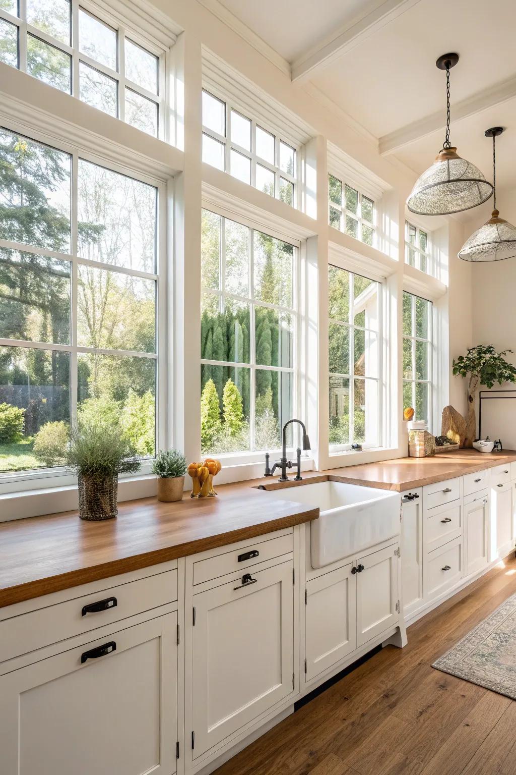 Sunlight flowing into a kitchen, making the most of the beauty of white with wood.