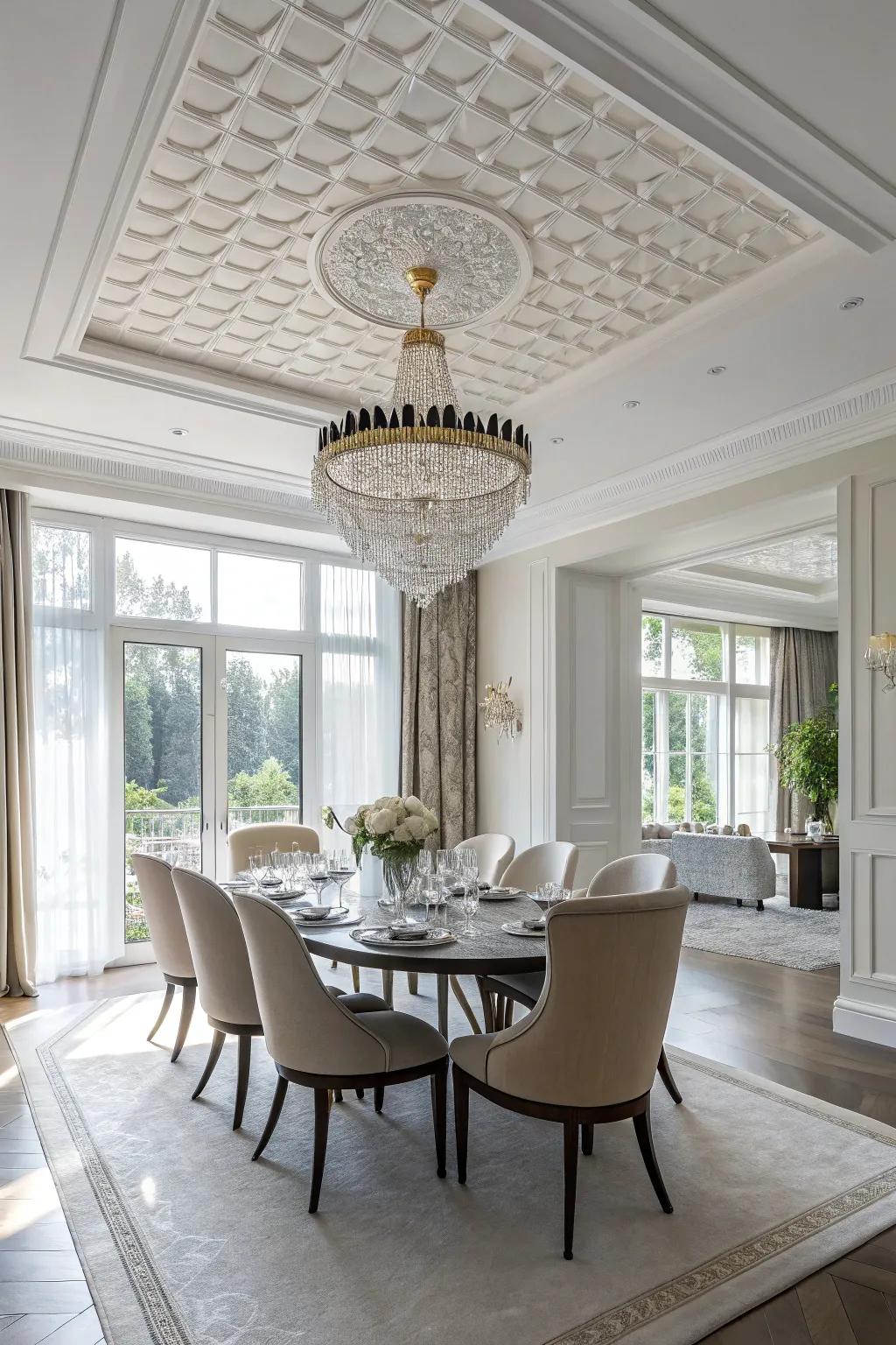 A dining area featuring a white ceiling that offers the perfect backdrop for a stunning chandelier.