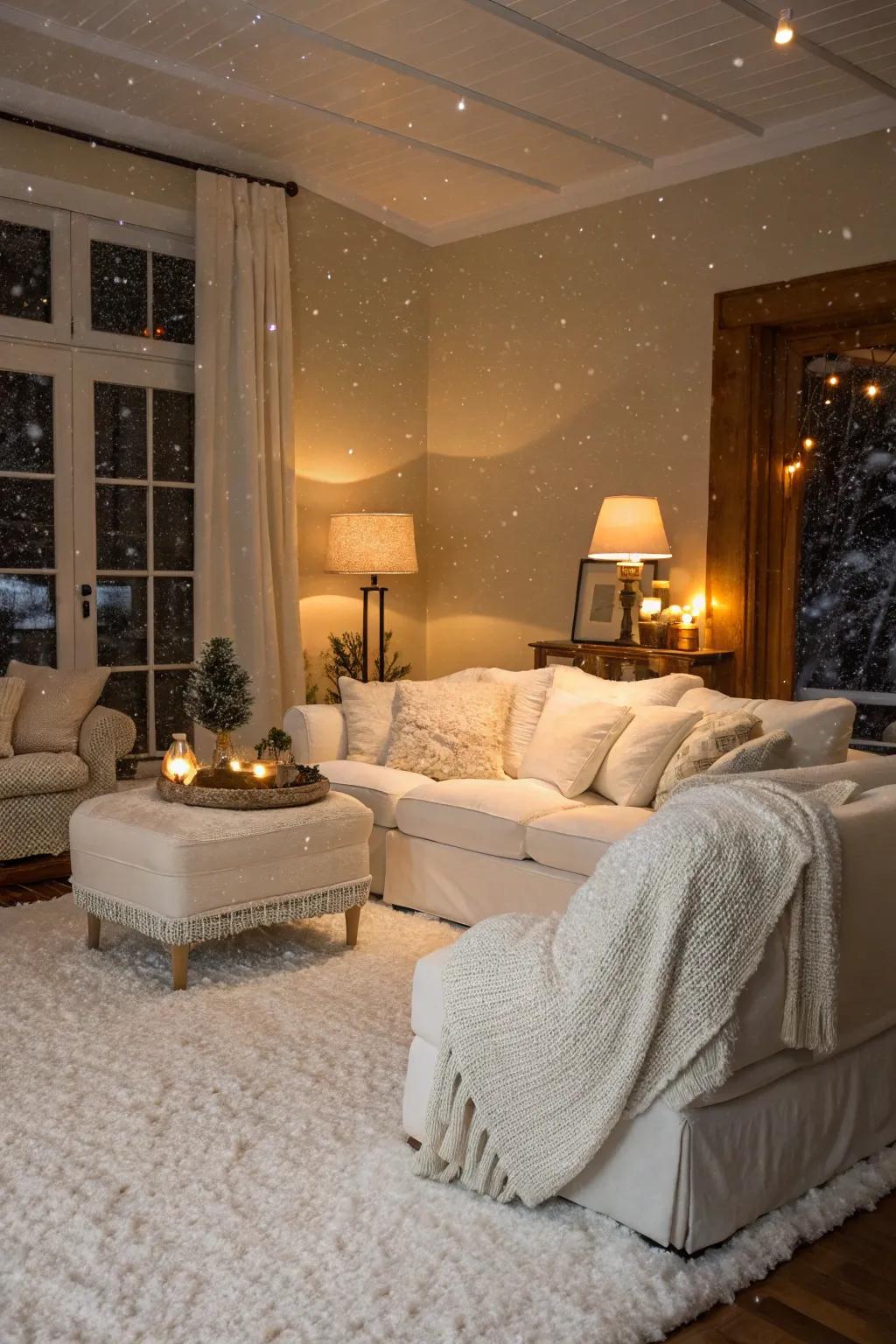 Craft a snow-dusted sanctuary with white highlights.