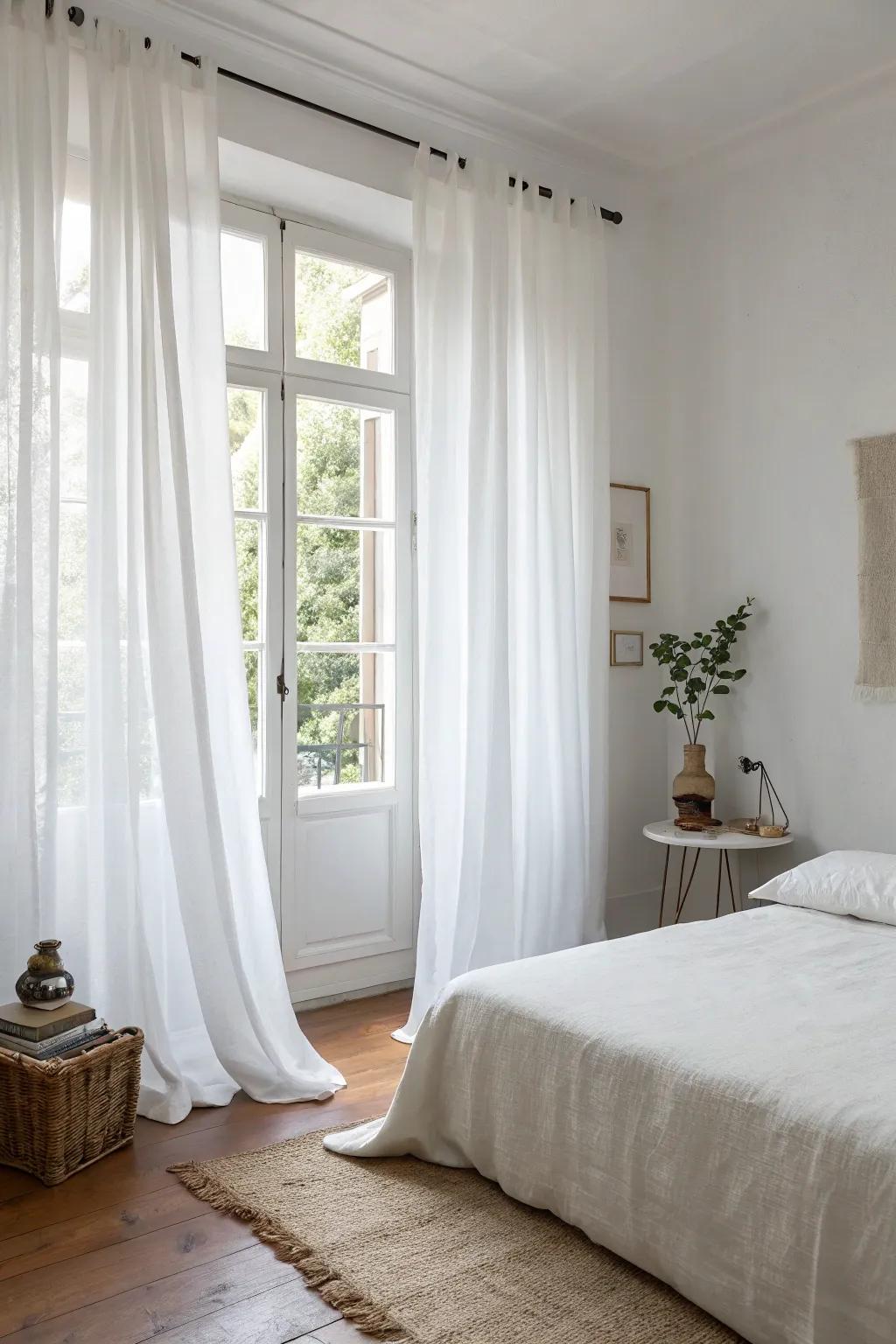 A minimalist bedroom showing ivory drapes and a simple decoration theme.