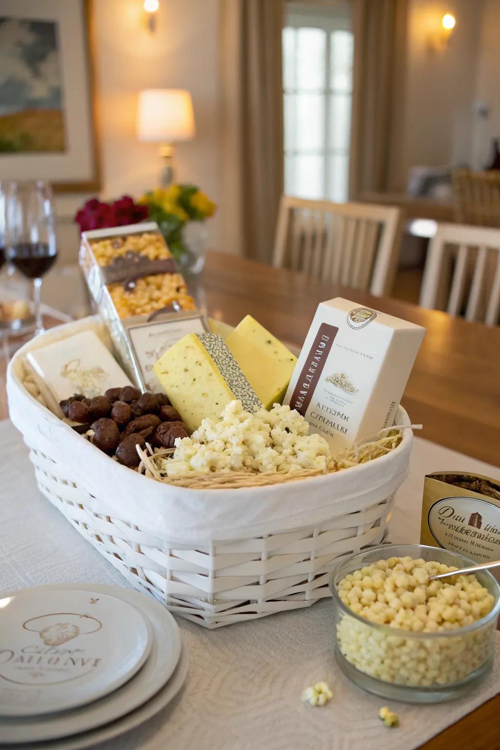A gourmet white gift basket, the key to a refined evening of pleasures.