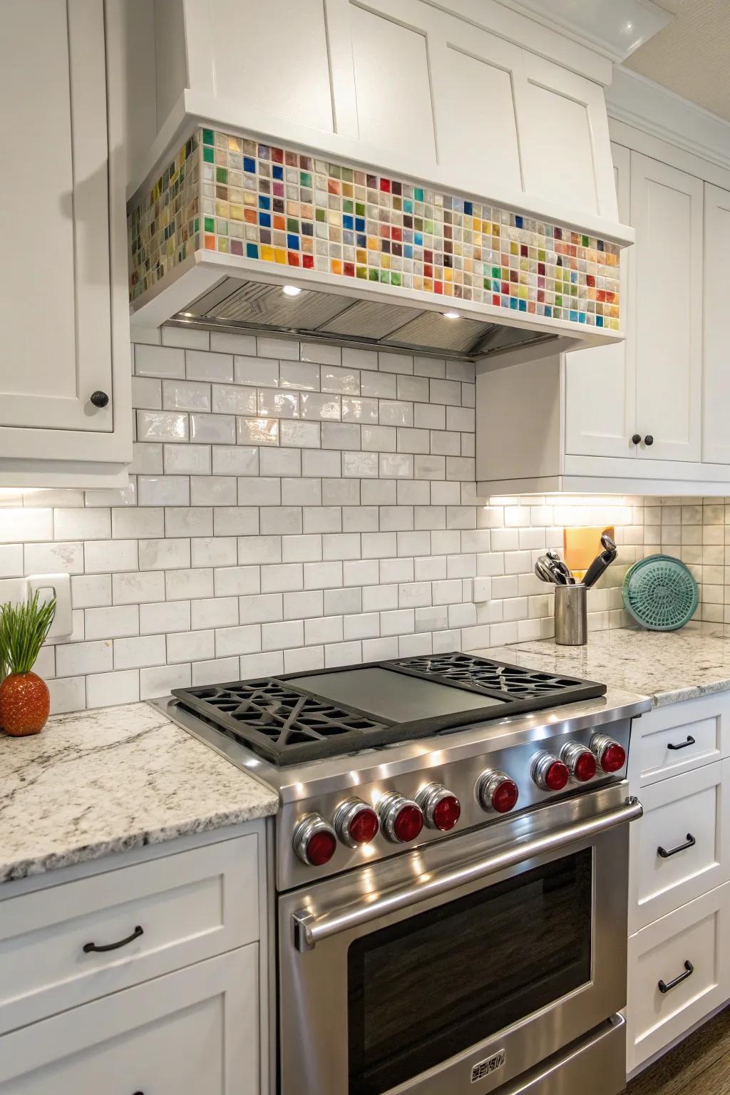 Mosaic tiles contributing vibrant energy to a white ice granite backdrop.