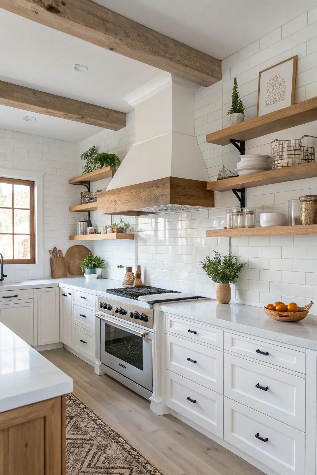 Natural wood accents beautifully warm up the pristine white kitchen, adding texture and depth.
