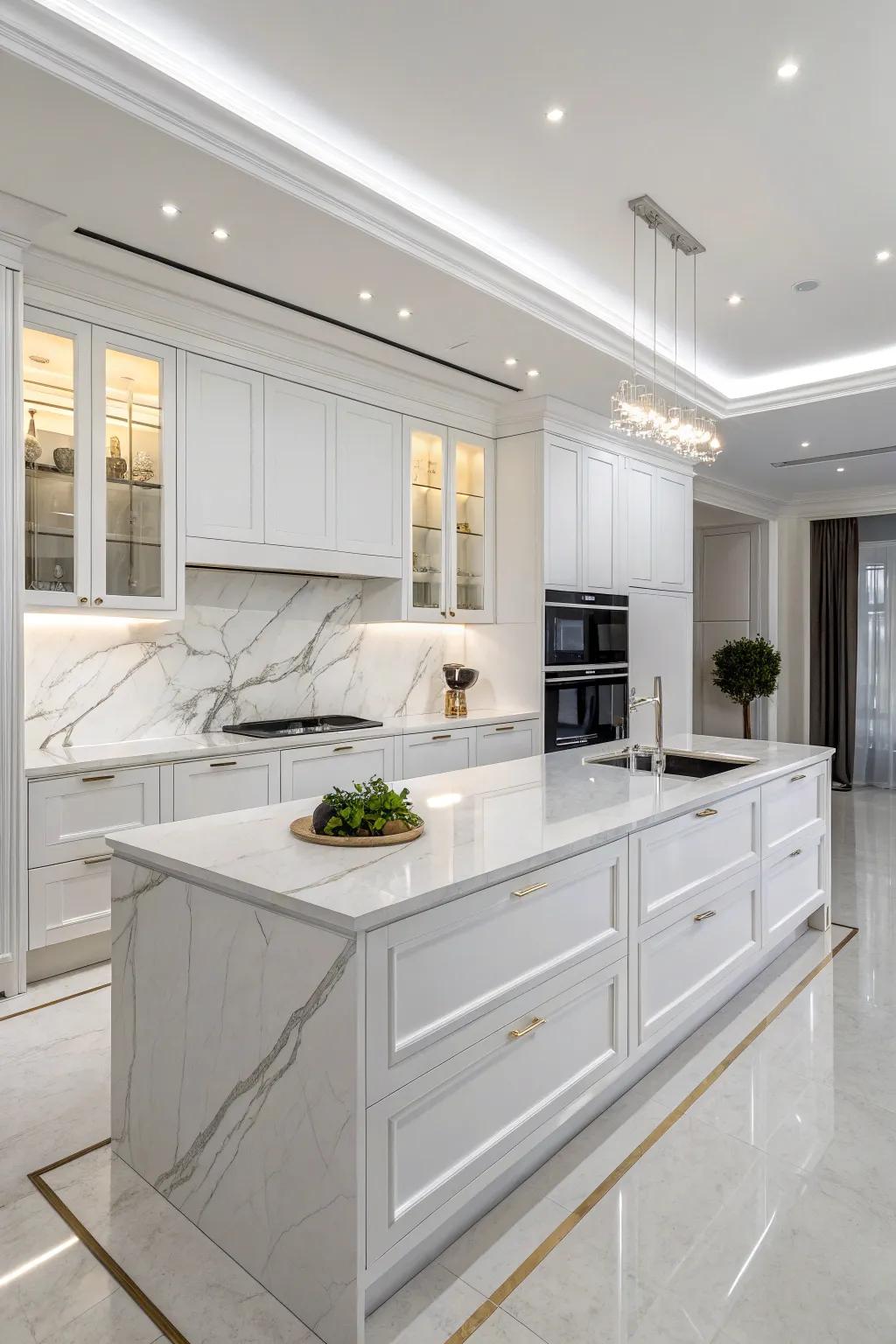 Luxurious marble countertops add elegance to this white kitchen.