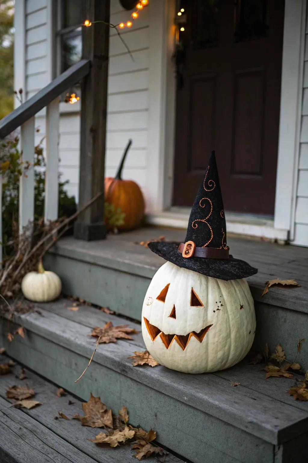 A whimsical character-inspired pumpkin with a sorceress hat, prepared to fascinate guests.