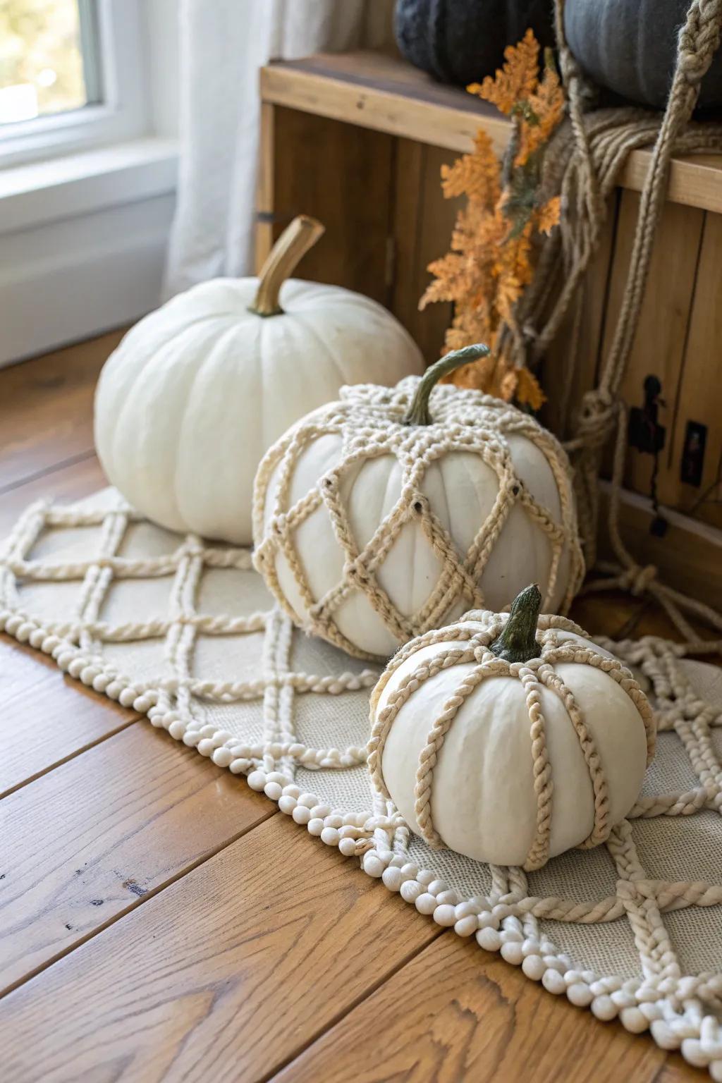 Pumpkins wrapped with boho-inspired macramé.