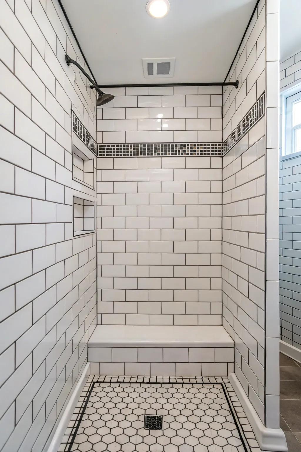 Classic white tiles in a shower boasting contrasting grout lines.
