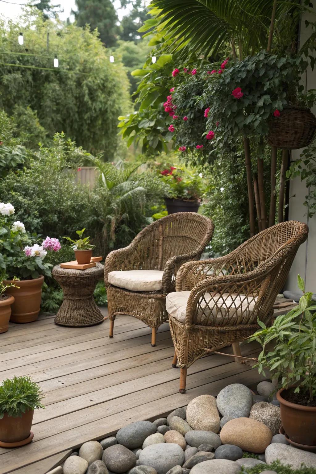 Cane furnishings mixing smoothly with natural elements.