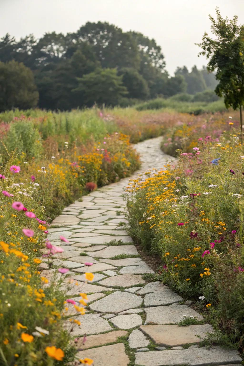 A cobblestone path tempting you to discover a blossom hideaway.