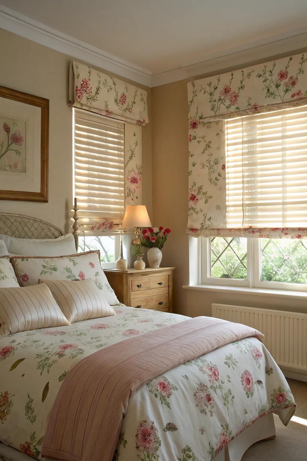 Matching window blinds and bedding for a cohesive bedroom look.