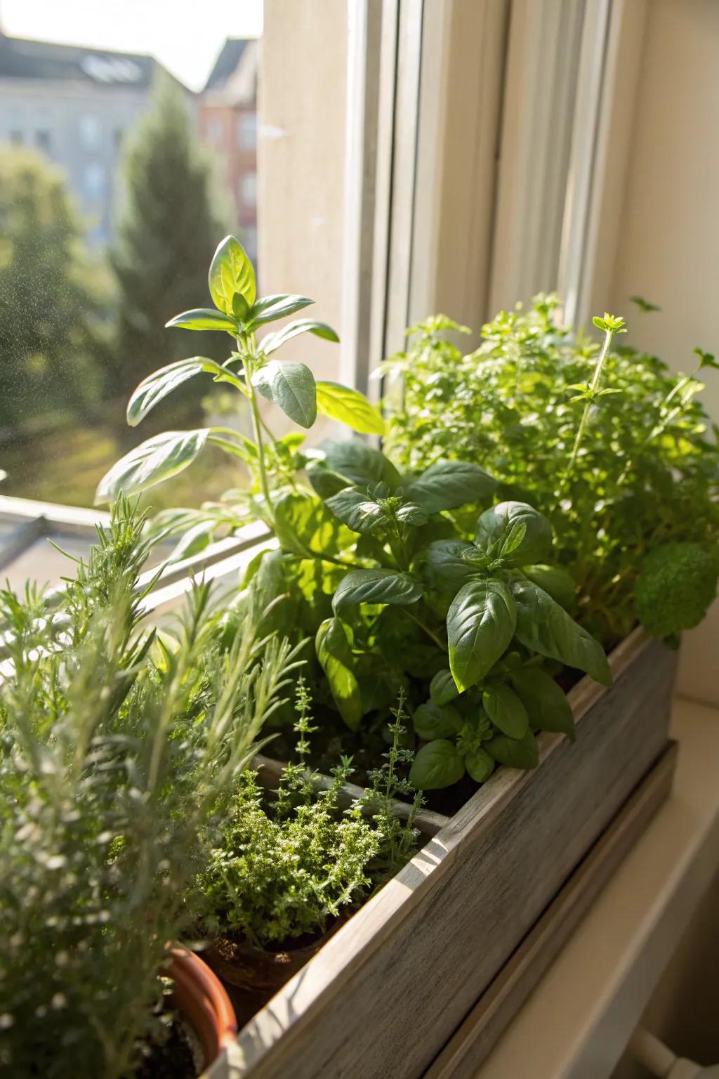 A window box brimming with new herbs for a useful and stunning display