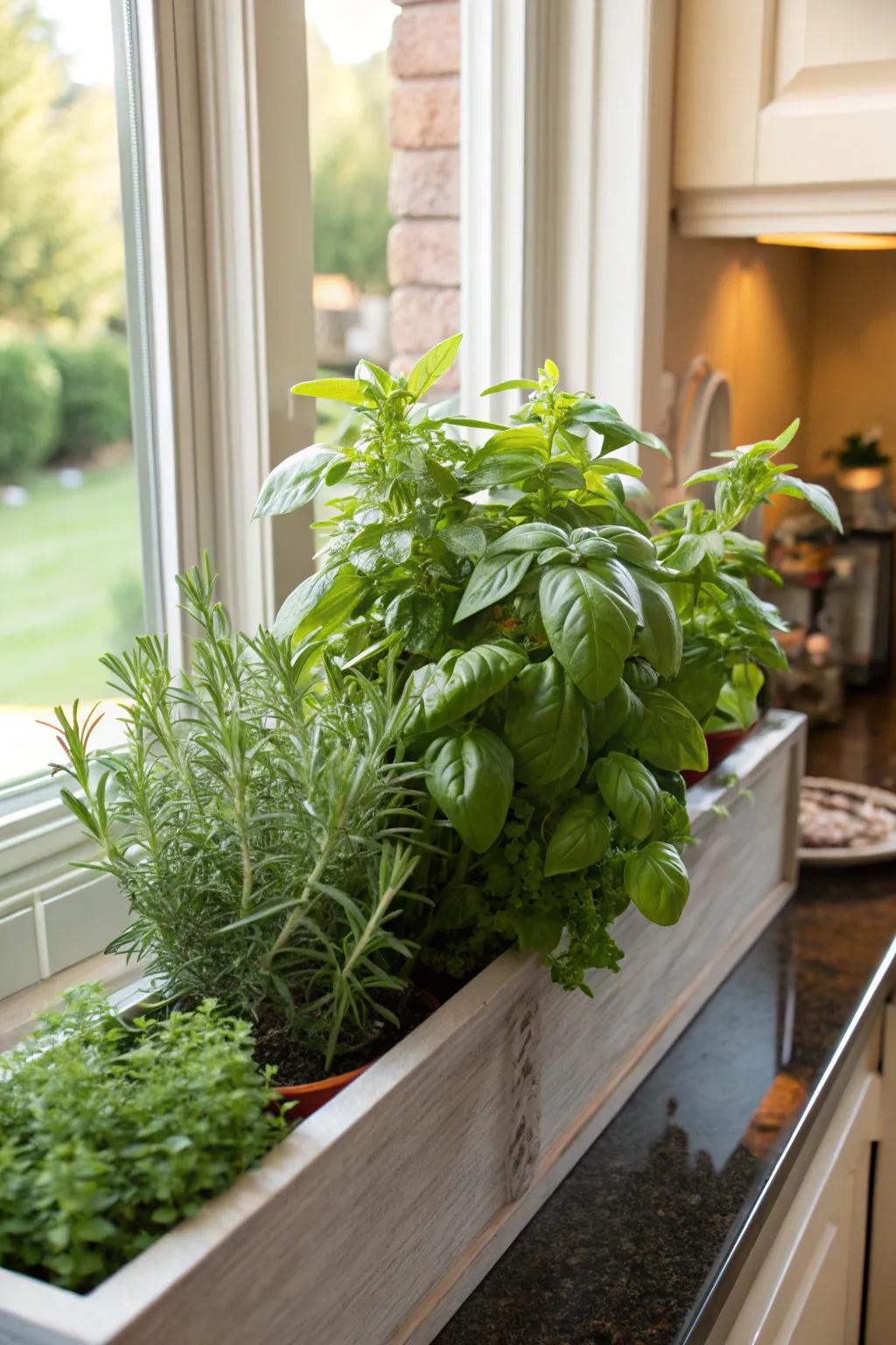 A planter box overflowing with fresh culinary herbs for culinary enjoyment.