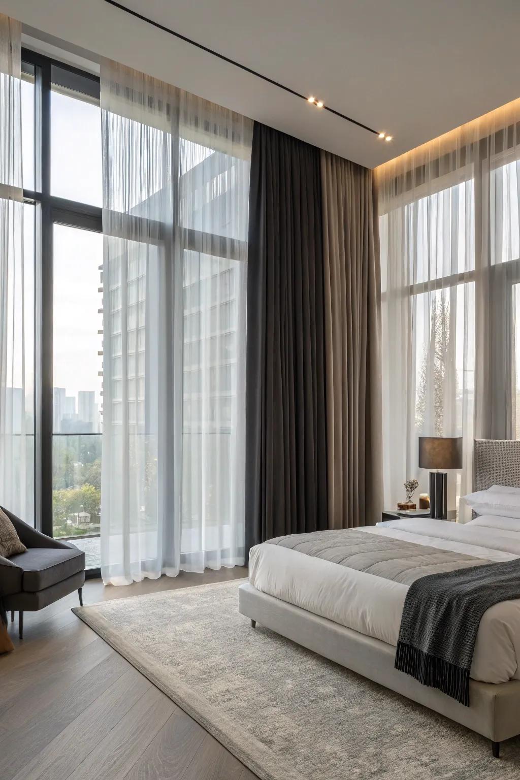 Layered drapes offer adaptable light and privacy control.