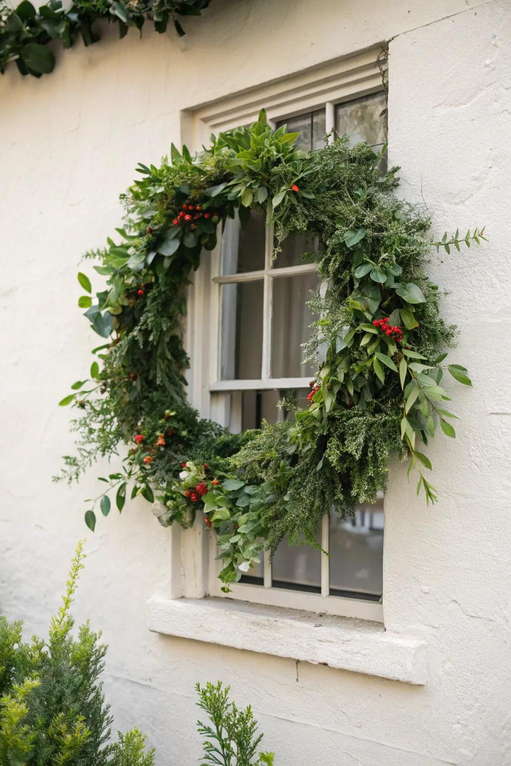 Green wreaths contribute a fresh aspect to window frames.