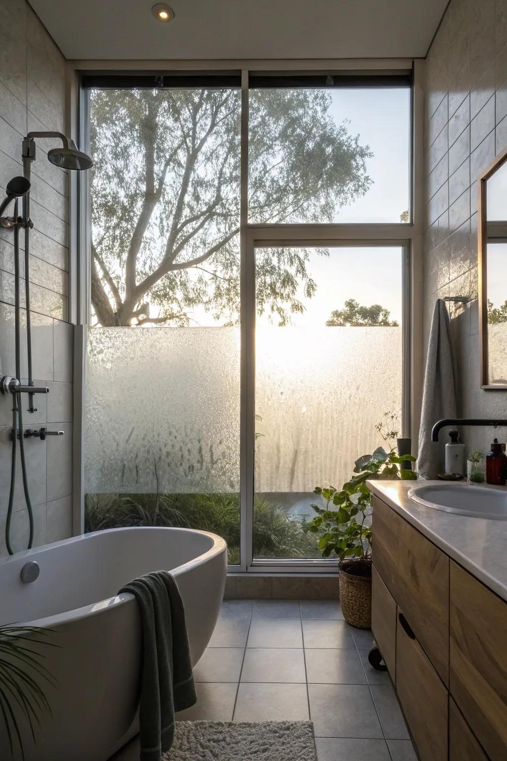 A shower showcasing an obscured glass window, delivering privacy while inviting in gentle, natural light.