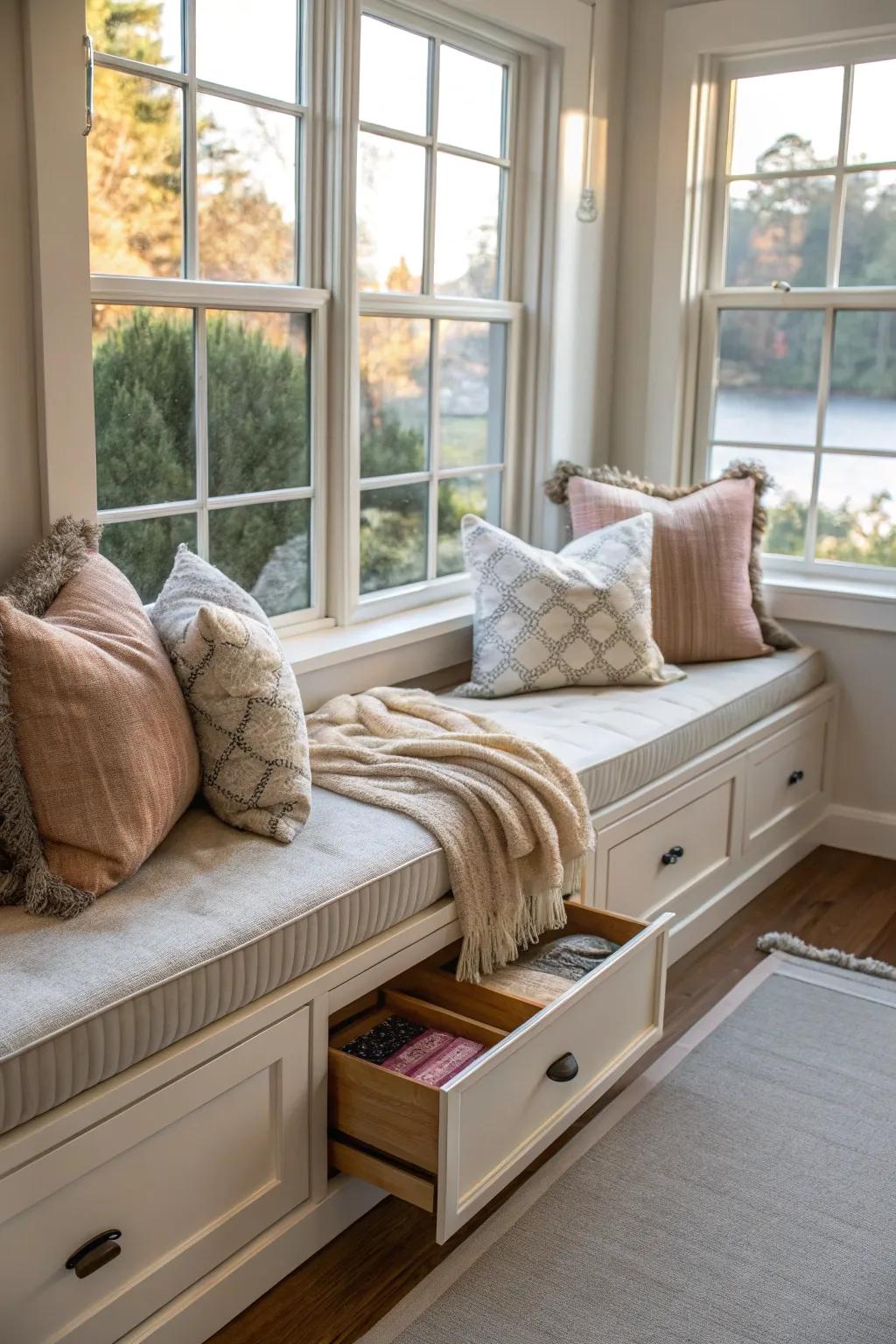 A window seat that features smart storage solutions, helping to keep things organized.