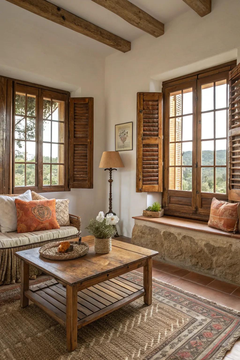 Include a bit of homespun charm by using classic timber window coverings.