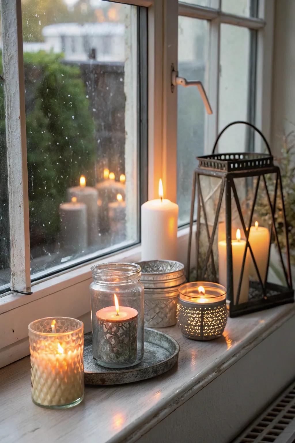 Lights upon the windowsill construct a peaceful and snug atmosphere.