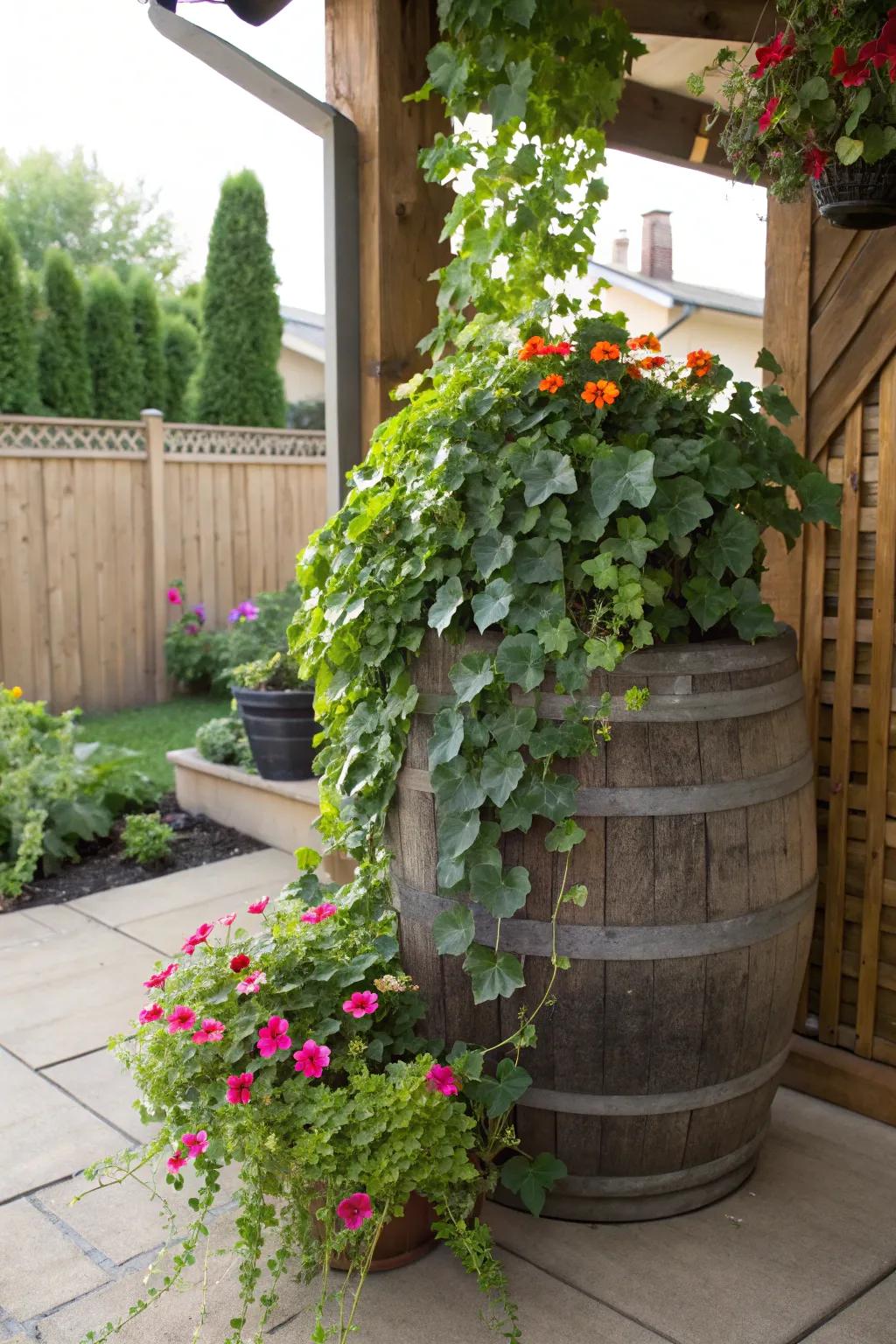 A welcoming porch corner enhanced with a wine barrel planter.
